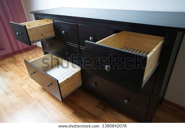 Black Chest Drawers Assembled Wooden Parts Objects Interiors