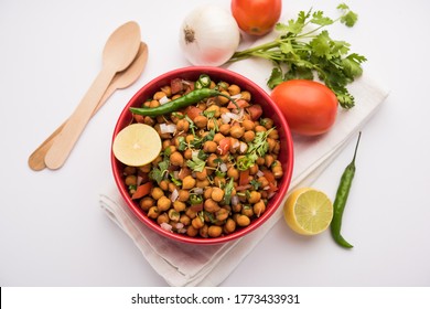 Black Chickpea Chaat Or Kala Chana Chat Recipe Is A Popular Snack Recipe From India, Served In A Bowl. Selective Focus