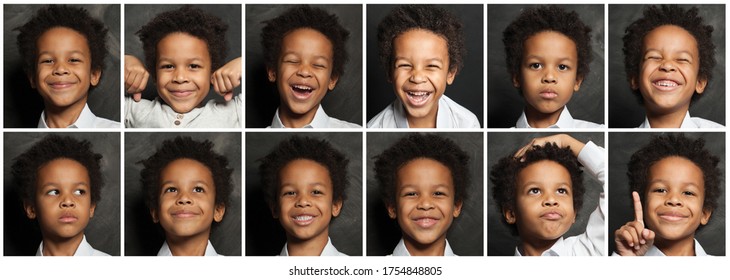 Black Child Boy Faces Photo Set, Head Shot Collage. Emotions, Emotional Expression