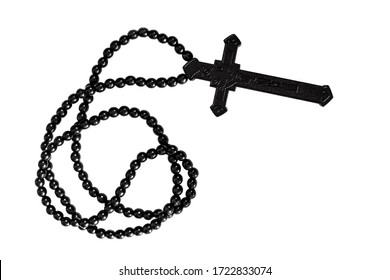 Black Christian Cross Necklace Isolated On White Background.