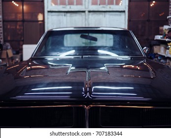 Black Classic American Muscle Car In Garage,Cars Auto Tuning Custom Muscle Retro Classic Vintage,with Copy Space.