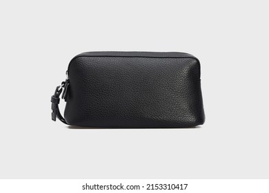 Black classic unisex men's women's Cosmetic Case Wallet Purse Pouch. Leather Bag for wan woman isolated on white background in front, mock up - Shutterstock ID 2153310417