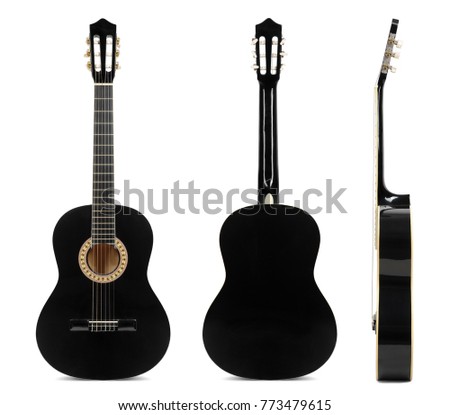 Black classical guitar front, back and side view isolated on white background.