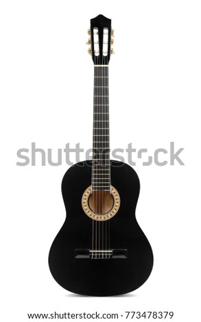 Black classical guitar isolated on white background.