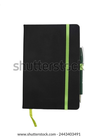 Black closed notebooks mockup isolated on white. Pen and green strap.