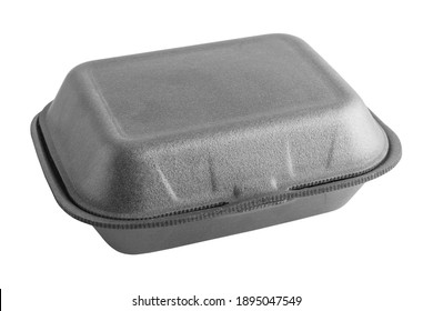Black closed styrofoam box on white background. Food box for food to go, delivery. Isolated object