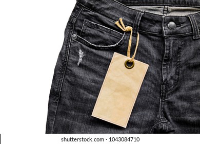 Black Cloth Jean Label Tag With Blank Paper Mockup. Price Tag Of Denim. Fashion Illustration Jeans Product Sale.