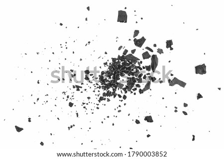 Black coal chunks, shattered pieces isolated on white background and texture, top view