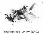 Black coal dust with effect fragments explosion isolated on a white background, view from above.