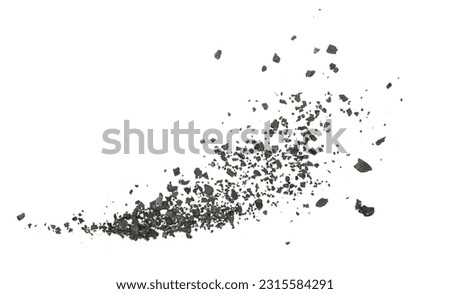 Black coal dust with effect fragments explosion isolated on white background and texture, clipping path