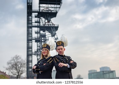 Black Coal Miners Family In Gala Parade Uniforms, Silesia, Poland