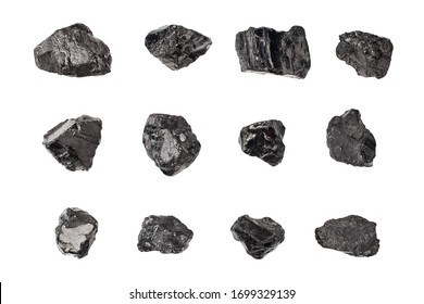 Black Coal Stones Set On White Background Isolated Close Up, Natural Charcoal Pieces Collection, Anthracite Rock Texture, Raw Coal Mine Nuggets, Group Of Embers, Graphite Samples, Mineral Fossil Fuel