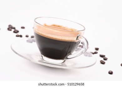 Black Coffee In Clear Glass, Transparent Coffee Cup With Roasted Coffee Beans Isolated On A White Background