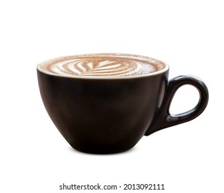 Black coffee cup of art latte with froth tulip shaped isolated on white background.