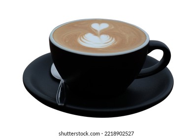 Black coffee cup with hot cappuccino, espresso with frothy foam heart shape isolated on white background. Cafe and bar, barista art concept.