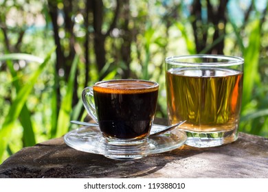 Black Coffee With Tea Water In The Garden