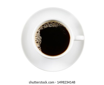 Black Coffee in white ceramic cup isolated on a white. Top view
