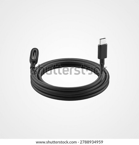 Black coiled power cable with plug on white background