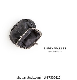 Black Coin Purse Isolated On White Background. Empty Vintage Cash Wallet. Saving Money Concept. Top View, Flat Lay. Design Element
