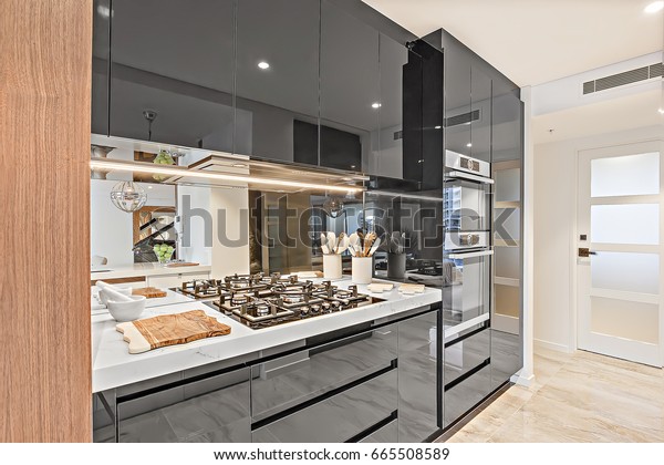 Black Color Pantry Cupboards Giving Shiny Stock Photo Edit Now