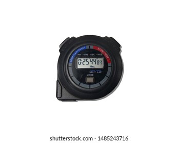 Black Color Stopwatch Isolated On White Background, Stopwatch Is Special Watch With Buttons That Start/pause And Stop And Then Zero. It Is Used To Time Races.