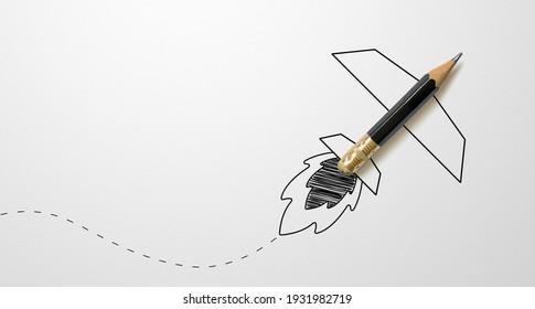Black colour pencil with outline rocket on white paper background. Creativity inspiration ideas concept - Shutterstock ID 1931982719
