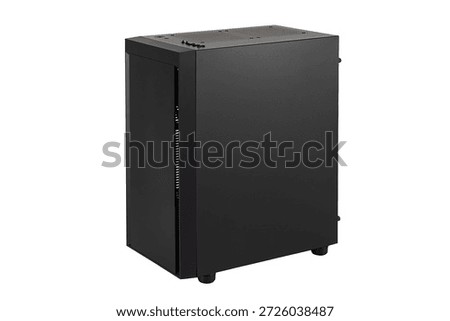 Black computer case, system unit in minimalist design isolated on white background.