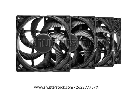 Black computer cooling fans aligned in a row, highlighting their textured blades and precise symmetrical design for optimal airflow. Isolated on white.