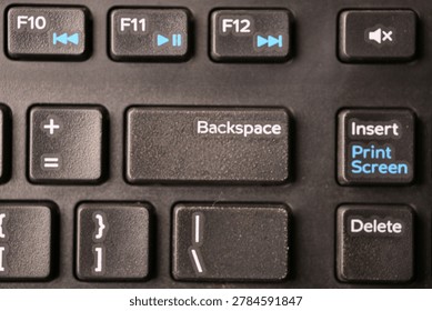 Black Computer Keyboard Macro Shot Highlighting Backspace Key with Soft Blurred Backgrounds Top View
