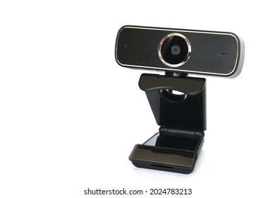 Black computer webcam isolated on white background