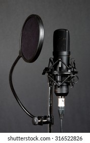 Black condenser microphone with pop filter on grey background