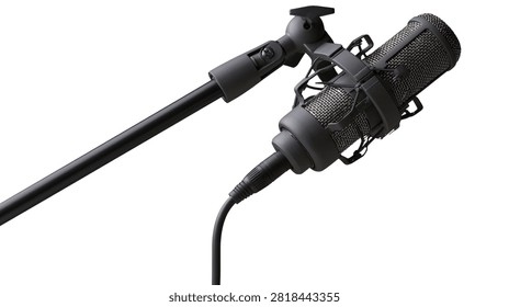 Black condenser studio microphone mounted on a boom arm with shock mount