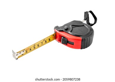 Black Construction Tape, Tool For Measuring Length Close-up. Isolated On A White Background.