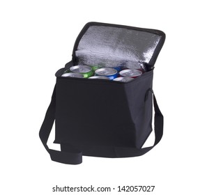 Black Cooler Bag Filled With Soft Drink Cans Isolated On White Background