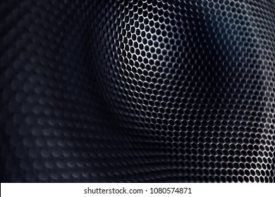 Black Corrugated Metal Mesh, Speaker Membrane Cover, Spherical 3D Shape, Background Or Backdrop Texture  