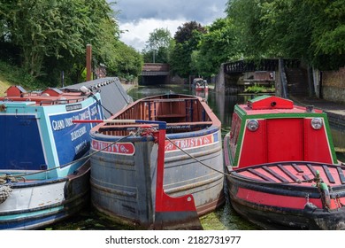 Black Country Living Museum,UK,June 2022. Types Of Barges Moored On The Dudley Canal