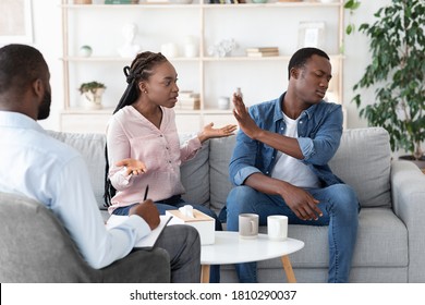 Black Couple Arguing In Front Of Their Therapist At Session In Office, Having Relationship Problems And Family Issues, Free Space