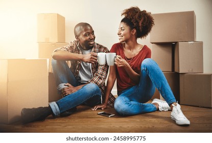 Black couple, cheers and coffee on floor of new home with bonding, support and happy for break from moving. People, homeowner and toast for property investment, dream house and relocation with boxes - Powered by Shutterstock