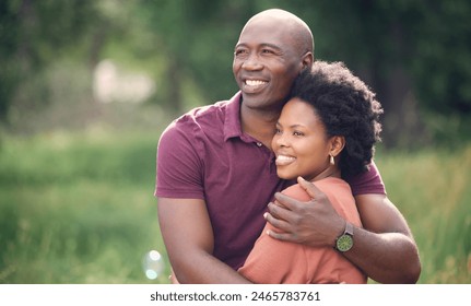 Black couple, happy and hug outdoor in park with love for relationship, romance and commitment. Smiling, man and woman embrace in nature for relaxing, dating fun and bonding on weekend adventure - Powered by Shutterstock