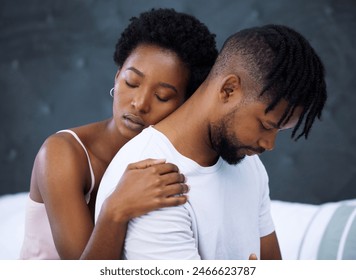 Black couple, hug and embrace in bedroom for romance, love and connection as partner in relationship. African woman and man for support with eyes closed, emotion and marriage for bonding or trust - Powered by Shutterstock