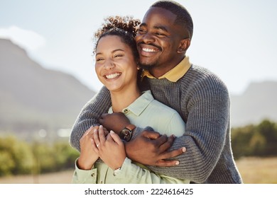 Black Couple, Hug And Smile For Countryside Travel, Trip Or Quality Bonding Time Together In The Outdoors. Man And Woman Hugging Embracing Relationship And Enjoying Vacation, Traveling And Nature