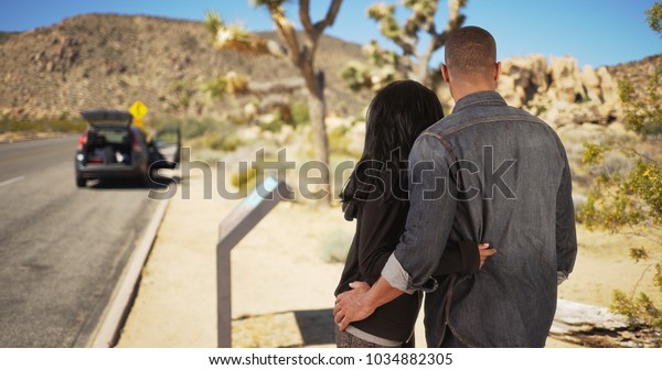 Black couple on road trip stop car in desert to
admire beautiful view