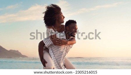 Black couple, piggyback on beach and travel with hug, love and freedom outdoor, sea view and mockup space. Nature, adventure and vacation, man and woman bonding, happiness and trust in relationship