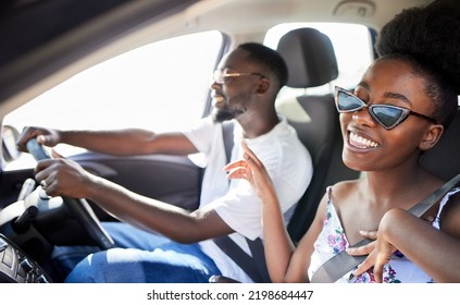 Black Couple, Road Trip Or Freedom In Car Travel On Summer Love Holiday Adventure Or Location Vacation. Smile, Happy And Trust Bond Man Or Comic Woman Singing To Dance Music With Energy Or Sunglasses