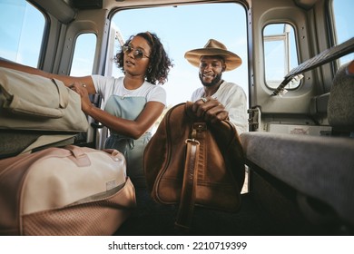 Black Couple, Travel And Packing For Road Trip, Journey Or Adventure With Bags Together. Happy African American Man And Woman Pack For Traveling In Summer Vacation, Holiday Or Break In Mexico