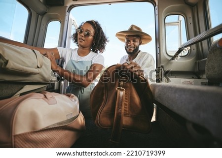 Black couple, travel and packing for road trip, journey or adventure with bags together. Happy African American man and woman pack for traveling in summer vacation, holiday or break in Mexico