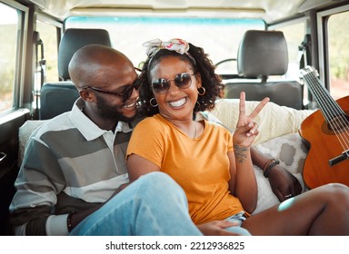 Black Couple Travel, Woman With Peace Sign Hand In Car To Music Festival And Summer Holiday In Los Angeles. Road Trip To Coachella, Cool Happy People Excited And Travel Journey Together