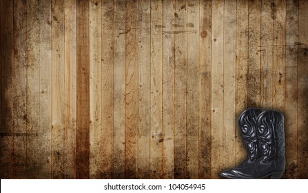 Black Cowboy Boots Against A Weathered Cedar Background Panel.