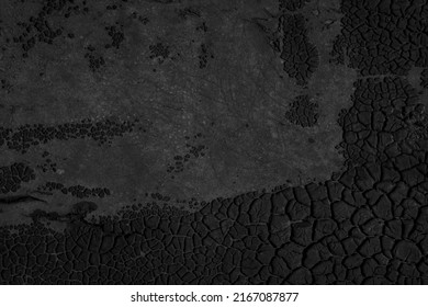 Black Cracked Texture Background. Dark, Beautiful, Abstract Pattern Nature Backdrop. Old, Dry, Deserted Surface Of Tar, Pitch, Resin Or Soil. Eerie Grooves And Scratches. Close Up, Copy Space