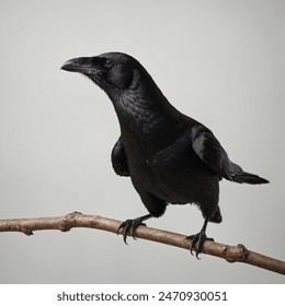 black crow with a slightly open beak, standing on an invisible perch 